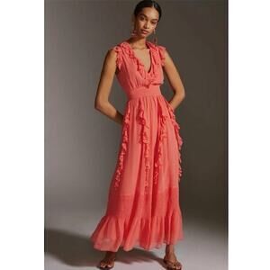 Anthro Love The Label Chiffon Maxi Dress Ruffled V-Neck Sleeveless Orange Small